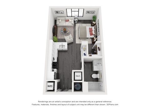 Floor plan for studio, 1 bath, 578 sqft